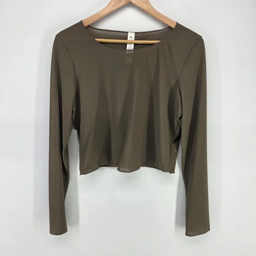 Alo Yoga Mesh Long Sleeve Crop Top Womens Large Brown Sheer Activewear Layering